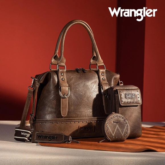 Wrangler 3Pcs Set Buckle Classic Barrel Satchel W/ Phone Wallet Crossbody Coffee - Picture 1 of 4